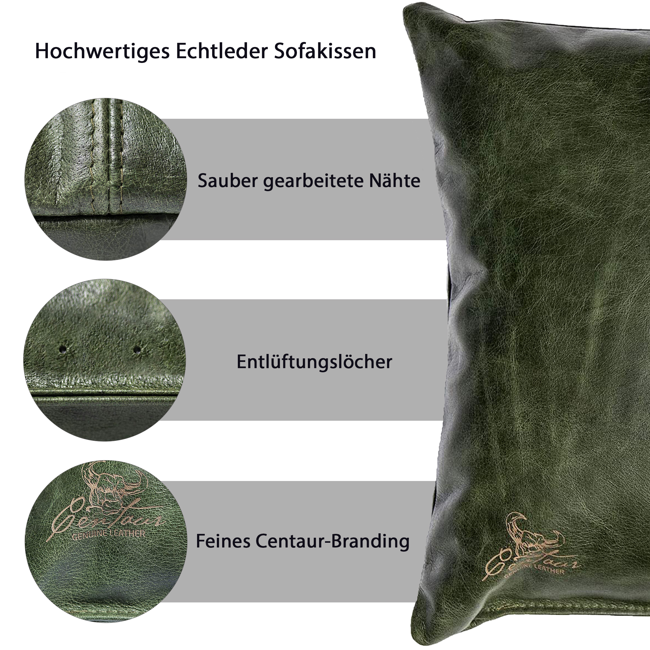 Centaur Lederkissen 50x40cm in Smaragdgrün - handgefertigtes Echtleder  Sofakissen